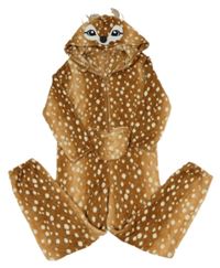 Hnědá plyšová kombinéza s kapucí s čumáčkem 