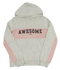 Světlešedo/růžová melírovaná mikina s nápisy a kapsou a kapucí H&M