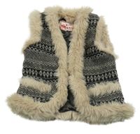 Černo-šedá vzorovaná vlněná podšitá vesta s kožešinou VINGINO