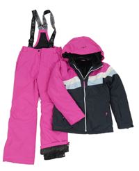 2Set - Černo-bílo-světlemodro-tmavorůžová šusťáková zimní lyžařská bunda s odepínací kapucí + oteplovačky s kšandami CMP