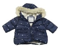 Tmavomodrá puntíkatá prošívaná zimní bunda s kapucí s kožešinou PRIMARK