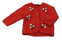 Červený vlněný propínací svetr s kytičkami