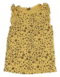 Světleoranžovo-tmavohnědé puntíkaté tričko s květy a srdíčky a volánky little kids