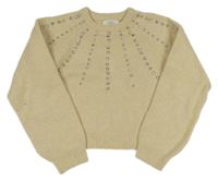 Světlebéžový melírovaný crop svetr s kamínky ZARA