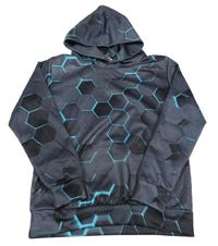 Tmavošedo-černo-azurová vzorovaná sportovní mikina s kapsou a kapucí