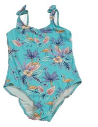 Nové - azurové jednodílné plavky s plameňáky a palmami a lístečky