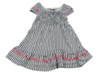 Bílo-tmavomodré pruhované šaty s mušličkami a srdíčky a volánkem Topomini