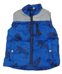 Safírovo-šedo/metalická prošívaná šusťáková zateplená vesta s tygry lupilu