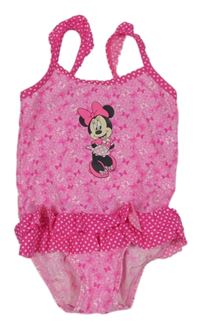 Růžovo-fuchsiové jednodílné plavky s Minnie a mašličkami a volánky s puntíky C&A