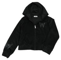 Černá plyšová propínací crop mikina s motýlem z kamínků a kapucí zn. Primark