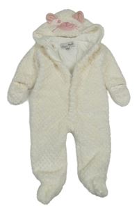 Smetanová vzorovaná chlupatá podšitá kombinéza s kapucí - kočka