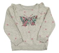 Světlešedá melírovaná puntíkatá mikina s motýlem z květů a volánky Pocopiano