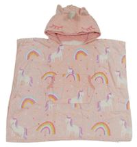 Růžová froté osuškové pončo s jednorožci a kapucí