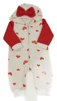Smetanovo-červená tepláková kombinéza se srdíčky a kapucí s mašlí