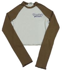 Bílo-hnědé žebrované crop triko s nápisem H&M