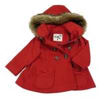 Červený flaušový kabát s kapucí s kožešinou St. Bernard