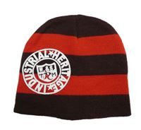 Červeno-hnědá pruhovaná pletená čepice s potiskem 