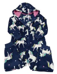 Tmavomodrá chlupatá kombinéza s jednorožci a kapucí M&S