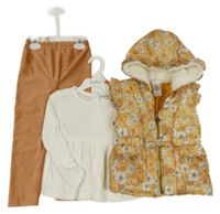 Nové - 3 set - okrová květovaná šusťáková zateplená vesta + bílá žebrovaná tunika + hnědé žebrované sametové tregíny 