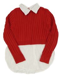 Červený svetr s všitou bílou halenkou Zara