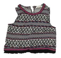 Černo-bílo-růžový vzorovaný halenkový top s třásněmi Matalan