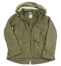Khaki šusťáková podzimní parka s kapucí s kožešinou H&M