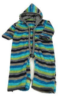 Šedo-modro-zelená pruhovaná plyšová kombinéza s kapucí 