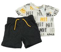 Nové - 2set - Bílo-šedo-žluté tričko s nápisy + tmavošedé teplákové kraťasy Primark