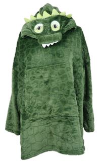 Dámská zelená plyšová oversized domácí mikina s kapucí - dinosaurus Nutmeg 