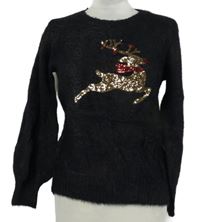 Dámský černý chlupatý svetr se sobem z flitrů Peacocks 