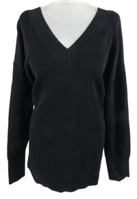 Dámský černý žebrovaný oversize svetr s véčkovým výstřihem H&M