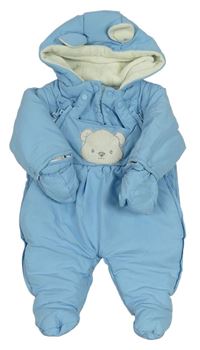 Modrá šusťáková zimní kombinéza s medvědem a kapucí+ rukavice 