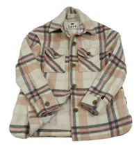 Bílo-béžovo-růžovo-šedá kostkovaná vlněná podšitá bunda F&F