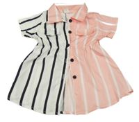 Růžovo-černo-bílé pruhované propínací košilové šaty Shein