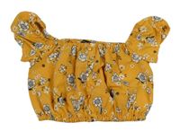 Hořčicová květovaná crop halenka s knoflíčky New Look