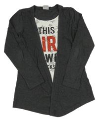 Tmavošedý cardigan s všitým topem a nápisem Yigga