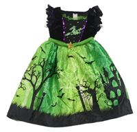 Kostým - Černo-zelené šaty s čarodějnicí a stromy F&F
