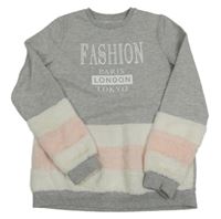 Šedá melírovaná mikina s nápisy a bílo-starorůžovou kožešinou PEP&CO