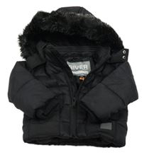 Černá šusťáková zimní bunda s kapucí s kožešinou River Island