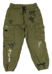 Khaki plátěné cuff cargo kalhoty s potiskem Next
