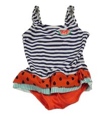 Tmavomodro-bílé pruhované plavky s melounem a volánky Pusblu