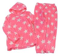 Neonově růžové chupaté pyžamo s hvězdičkami a kapucí 