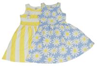 2x - Žluto-bílé pruhované + modré bavlněné šaty s květy F&F