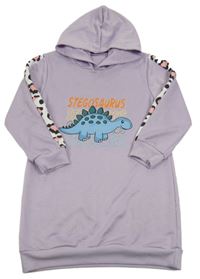 Levandulové teplákové šaty s dinosaurem a kapucí 