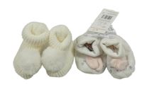 Nové - 2x - Smetanové pletené + bílé sametové capáčky se zajíčkem F&F