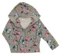 Šedá propínací mikina s motýlky a kapucí 
