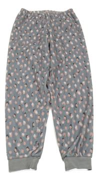 Šedo-růžovo-bílé vzorované plyšové kalhoty 