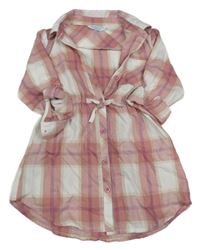 Světlerůžovo-bílo-béžové kostkované propínací košilové šaty s páskem Primark
