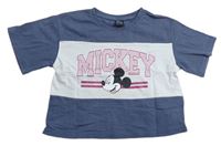 Tmavomodro/šedo-bílé crop tričko s Mickey zn. PRIMARK