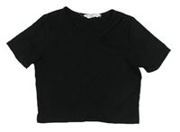 Černé vzorované crop tričko s průstřihem Candy Couture